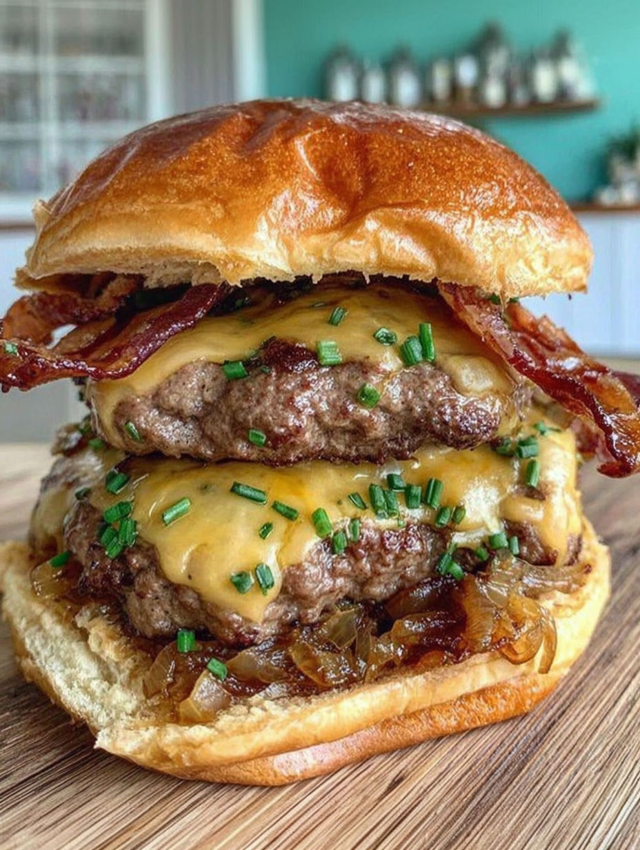 A close up of a BBQ burger with bacon and cheese.