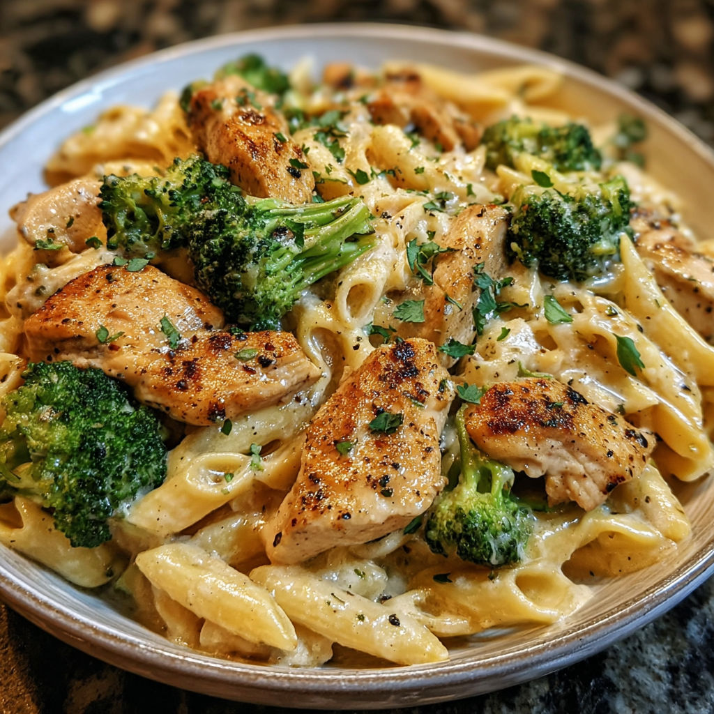 A plate of chicken pasta alfredo with broccoli.