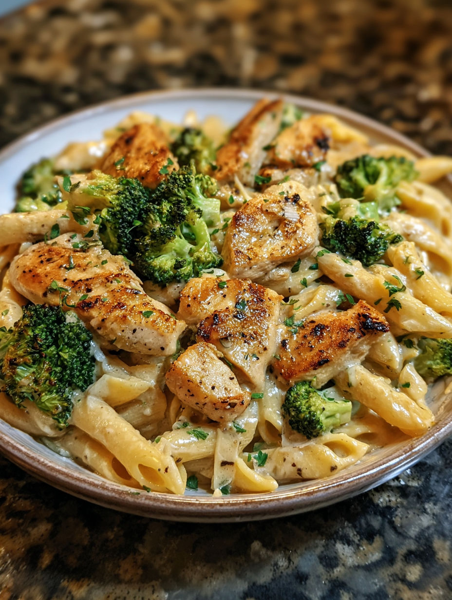 A plate of chicken and broccoli pasta alfredo.