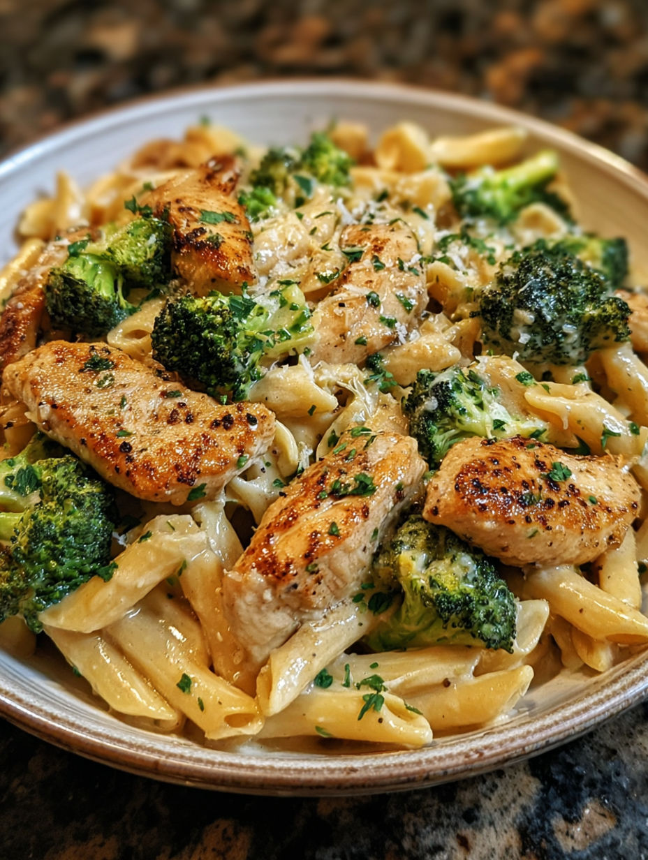 A plate of chicken pasta alfredo with broccoli.