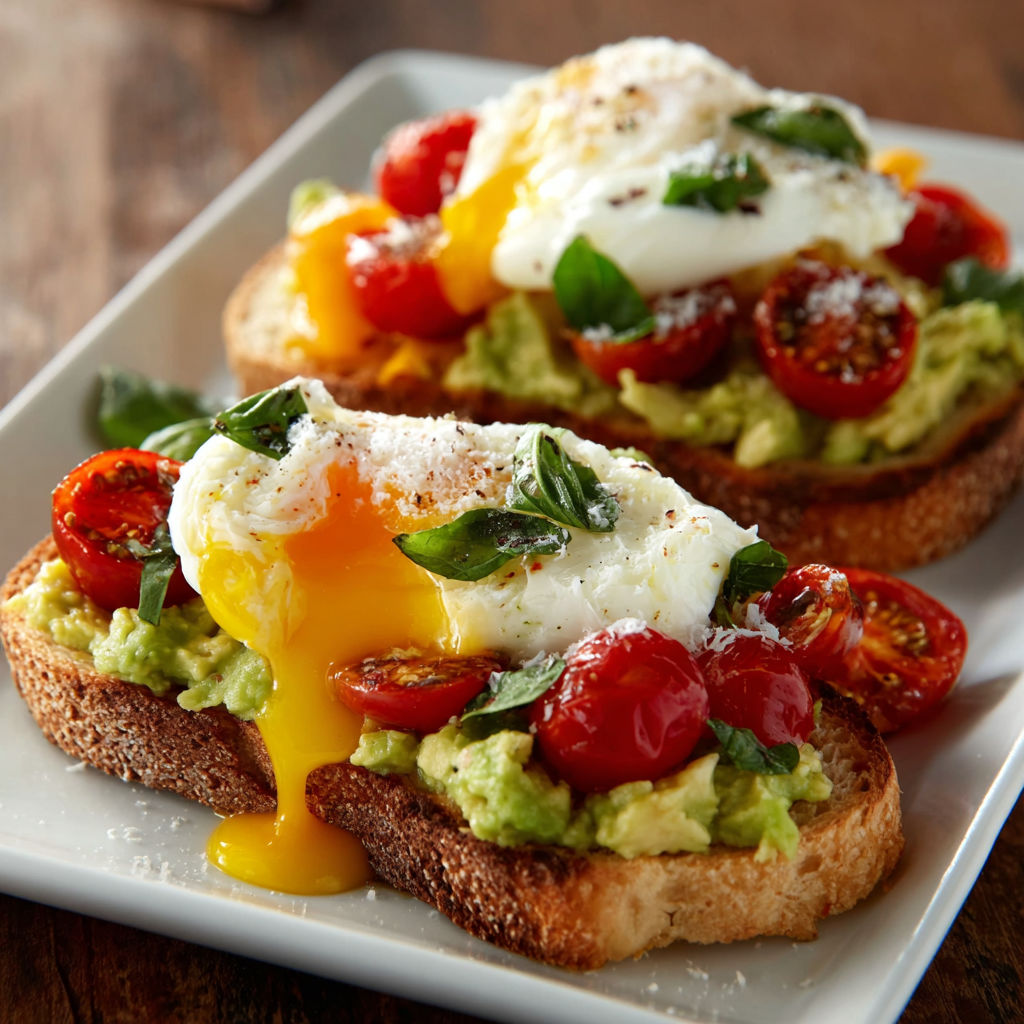 A plate of toast with eggs and tomatoes.
