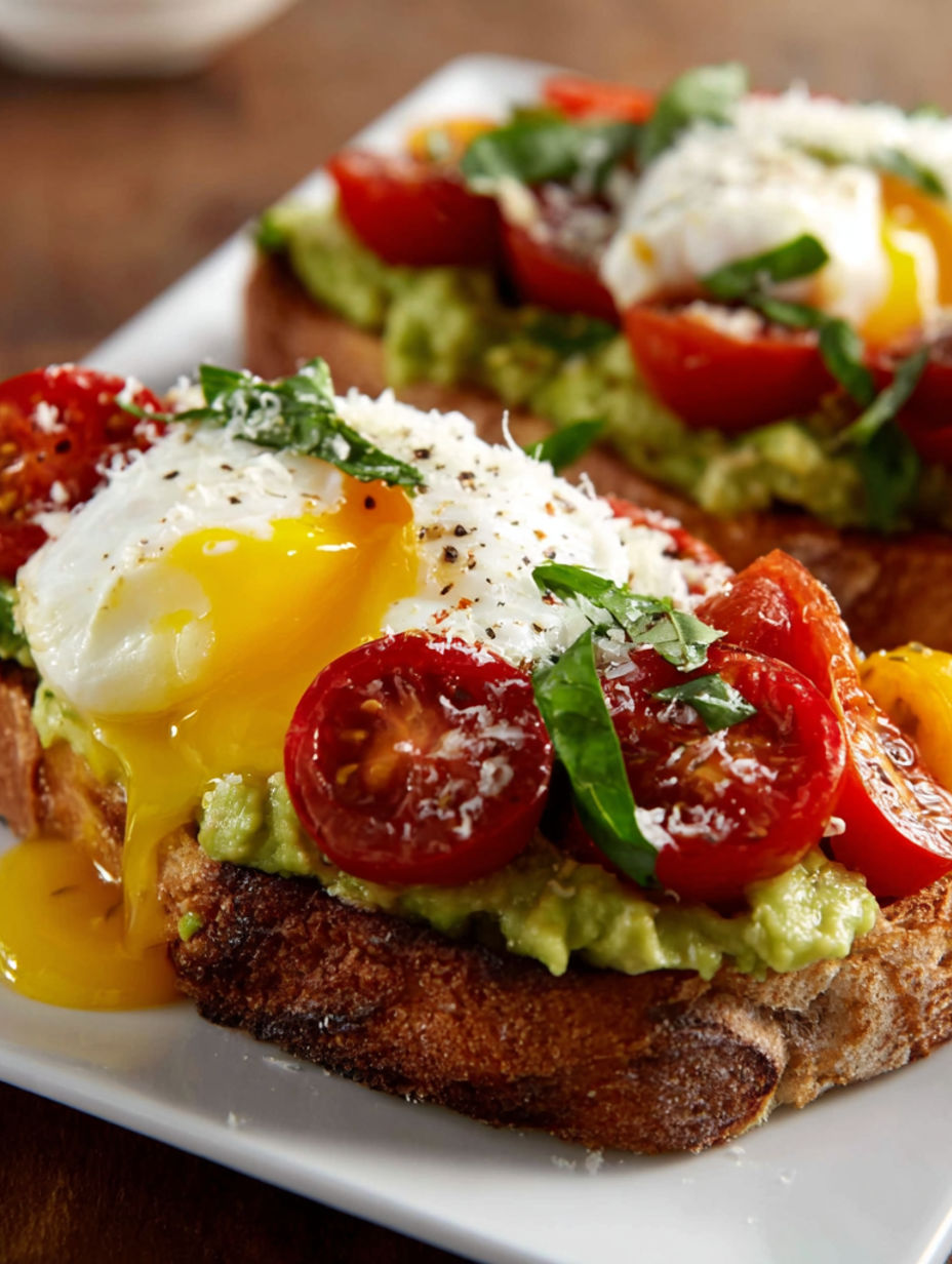 A plate of Caprese toast with tomatoes and cheese.