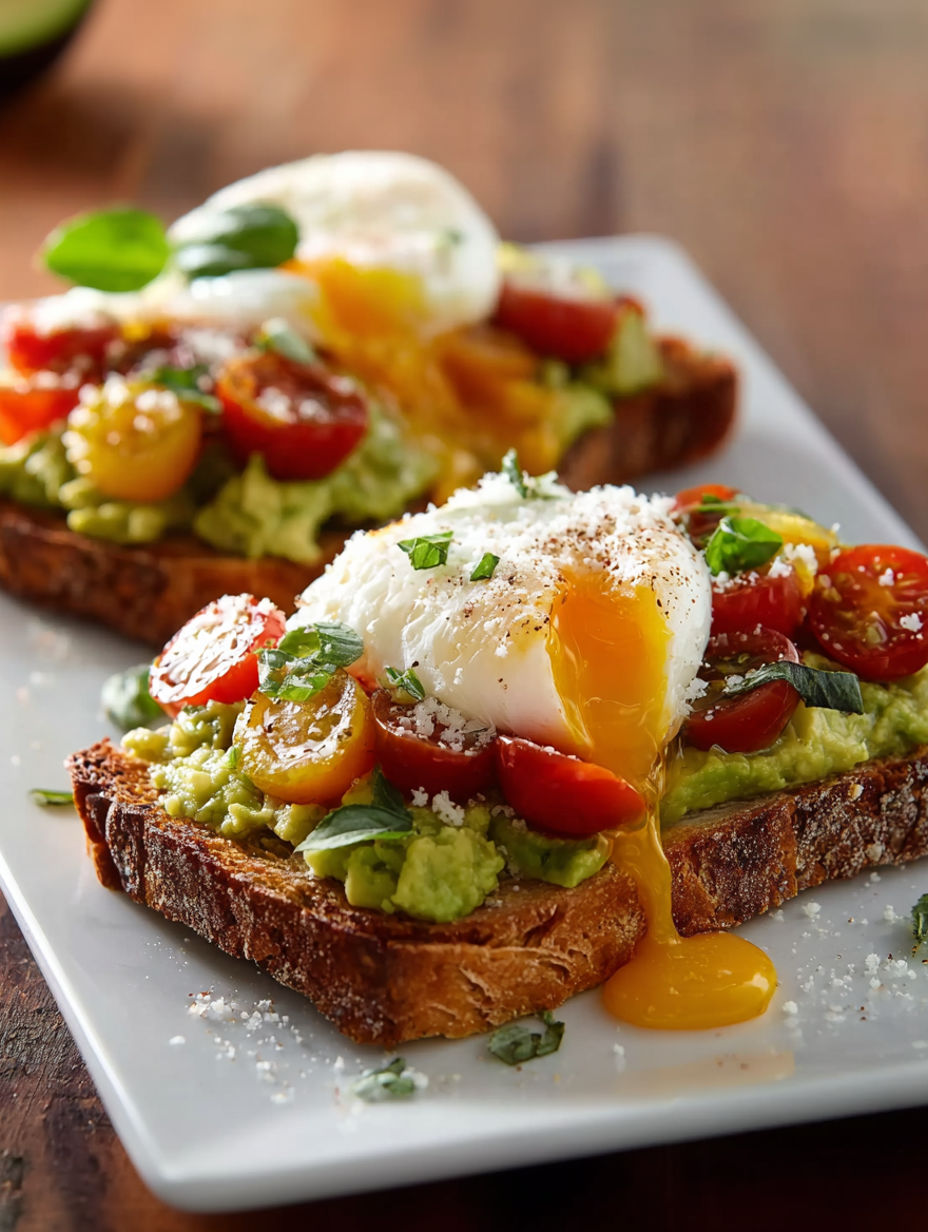 Two pieces of toast with a fried egg on top.