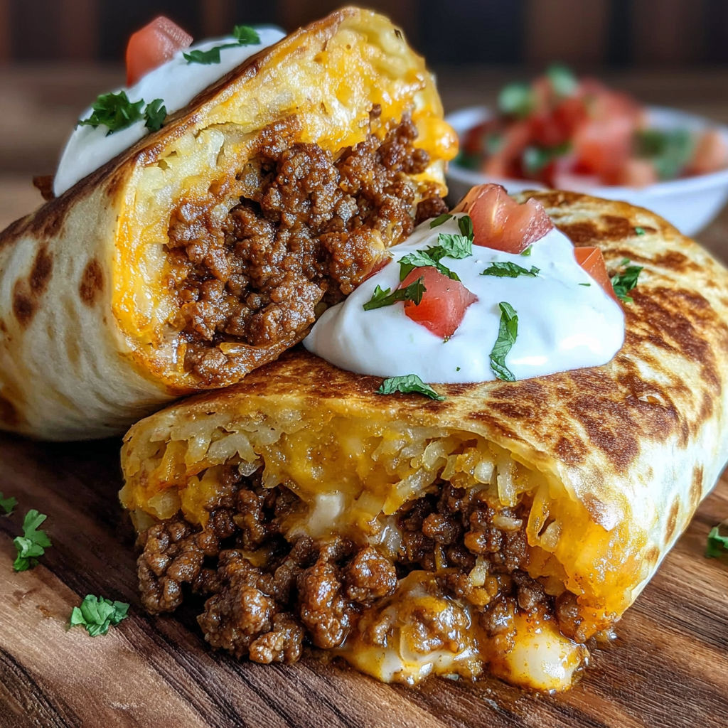 Two burritos with meat and cheese on a table.