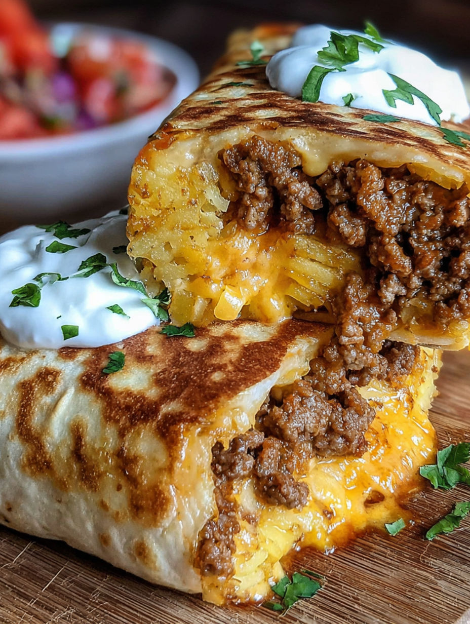 A burrito with meat and cheese.