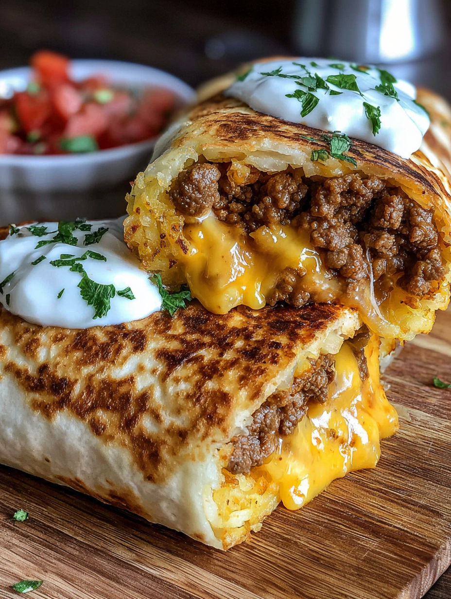 A burrito with cheese and sour cream on top.
