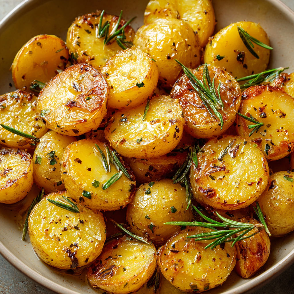 A bowl of melted potatoes with herbs.
