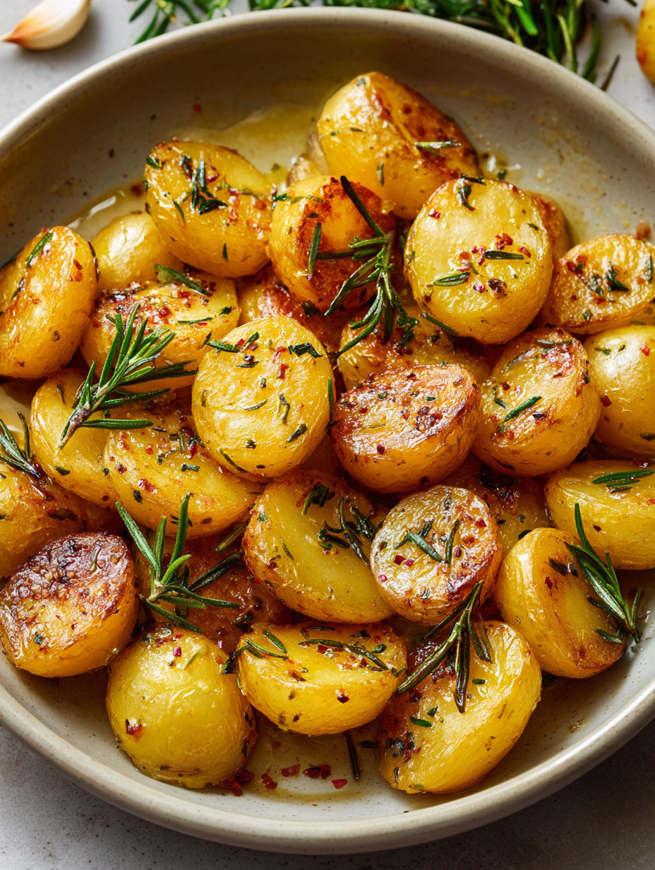 A bowl of melted potatoes with herbs.