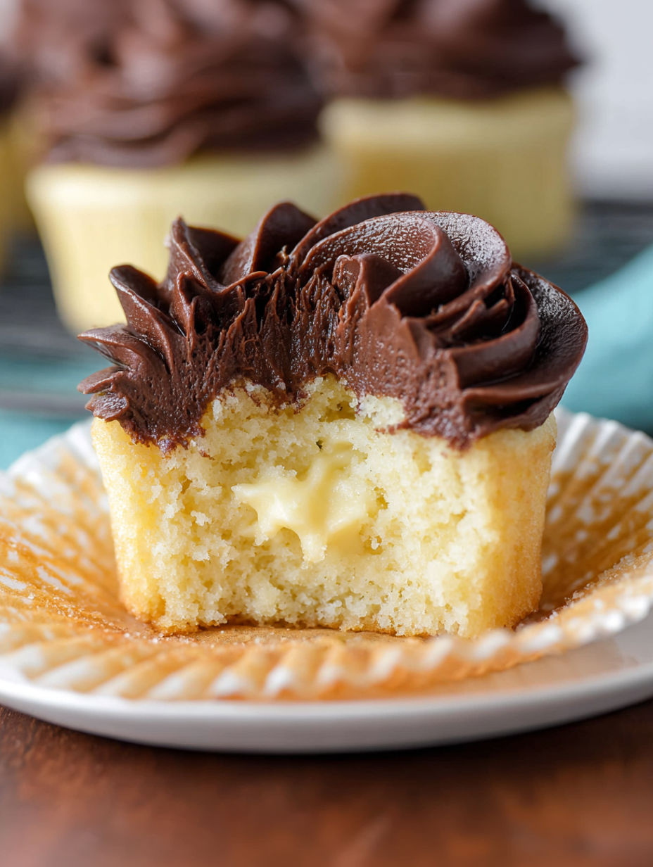 A slice of Boston Cream Pie Cupcake.