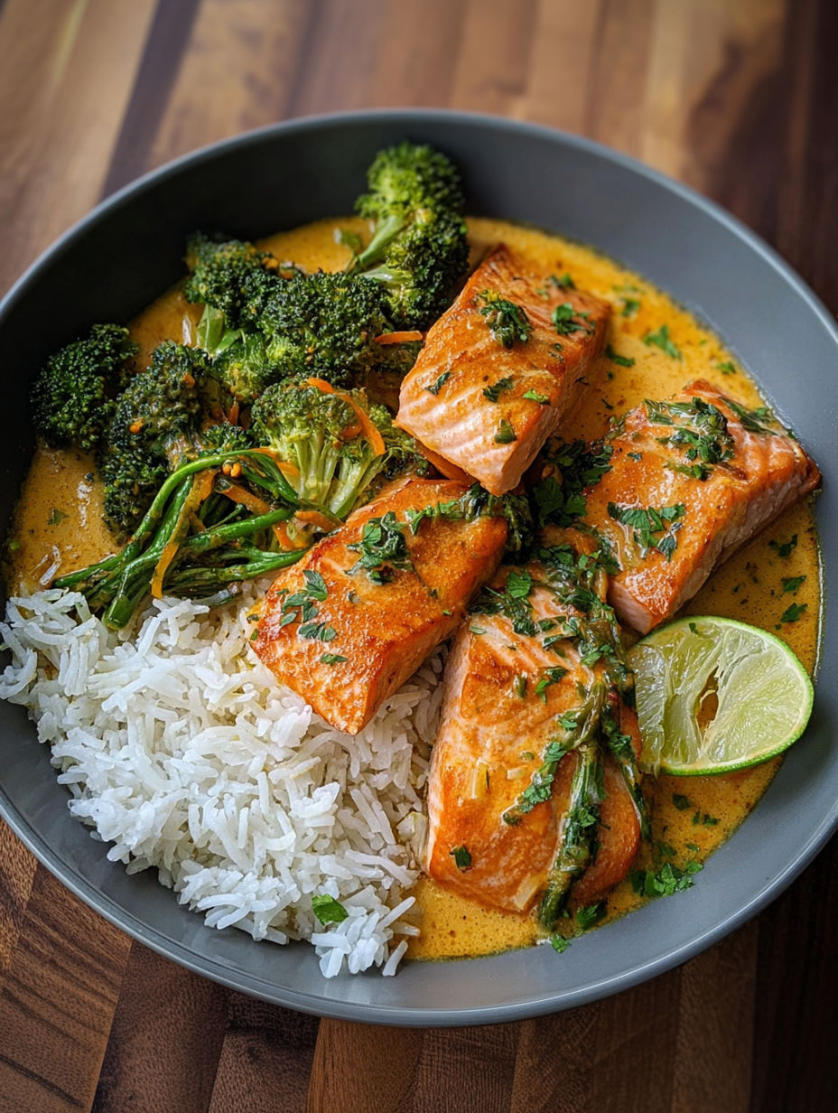 A bowl of salmon coconut curry with rice and broccoli.