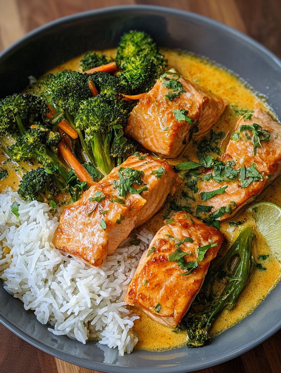 Salmon in a bowl with rice and broccoli.