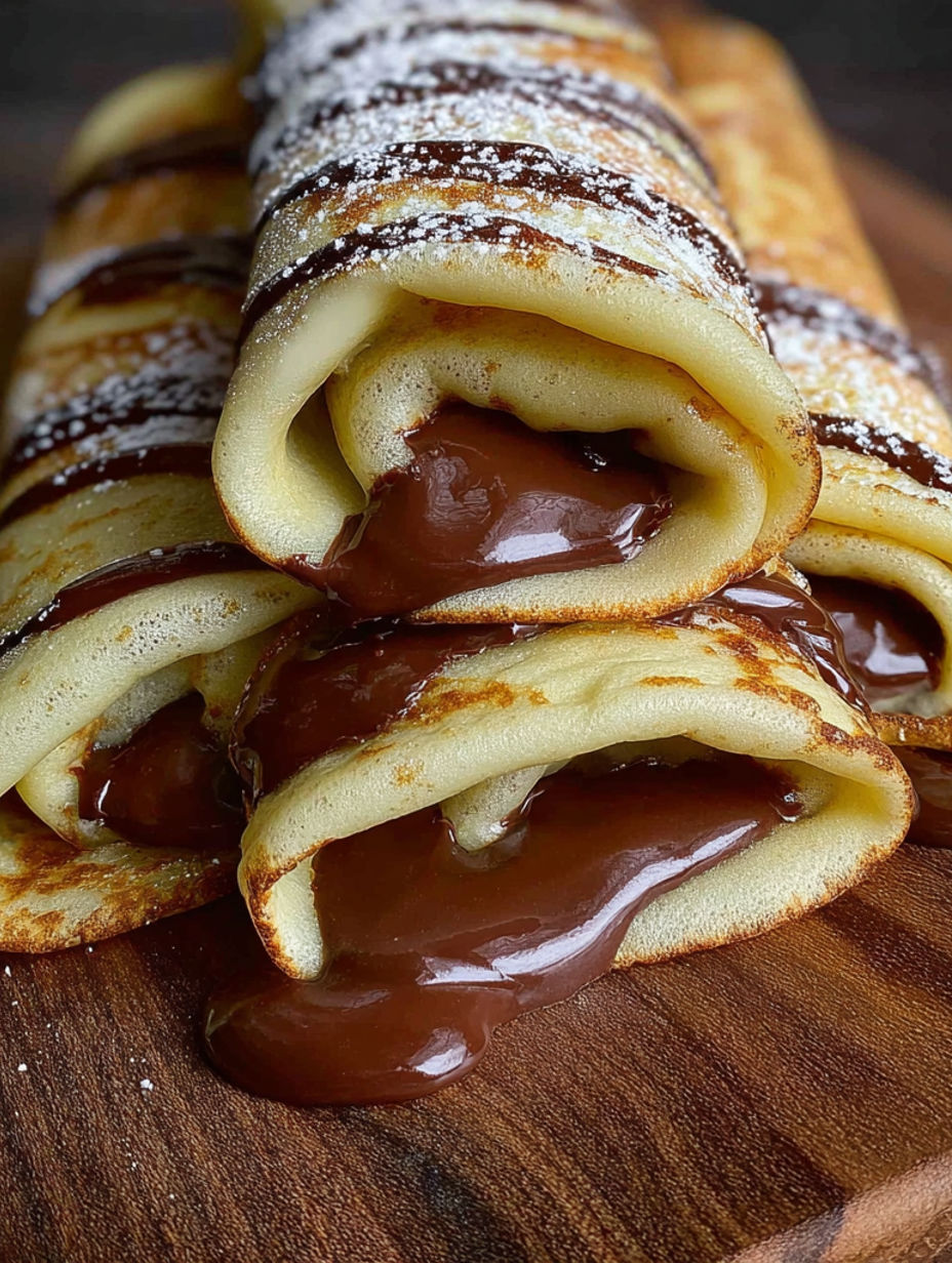 A stack of chocolate-filled rolled crêpes.