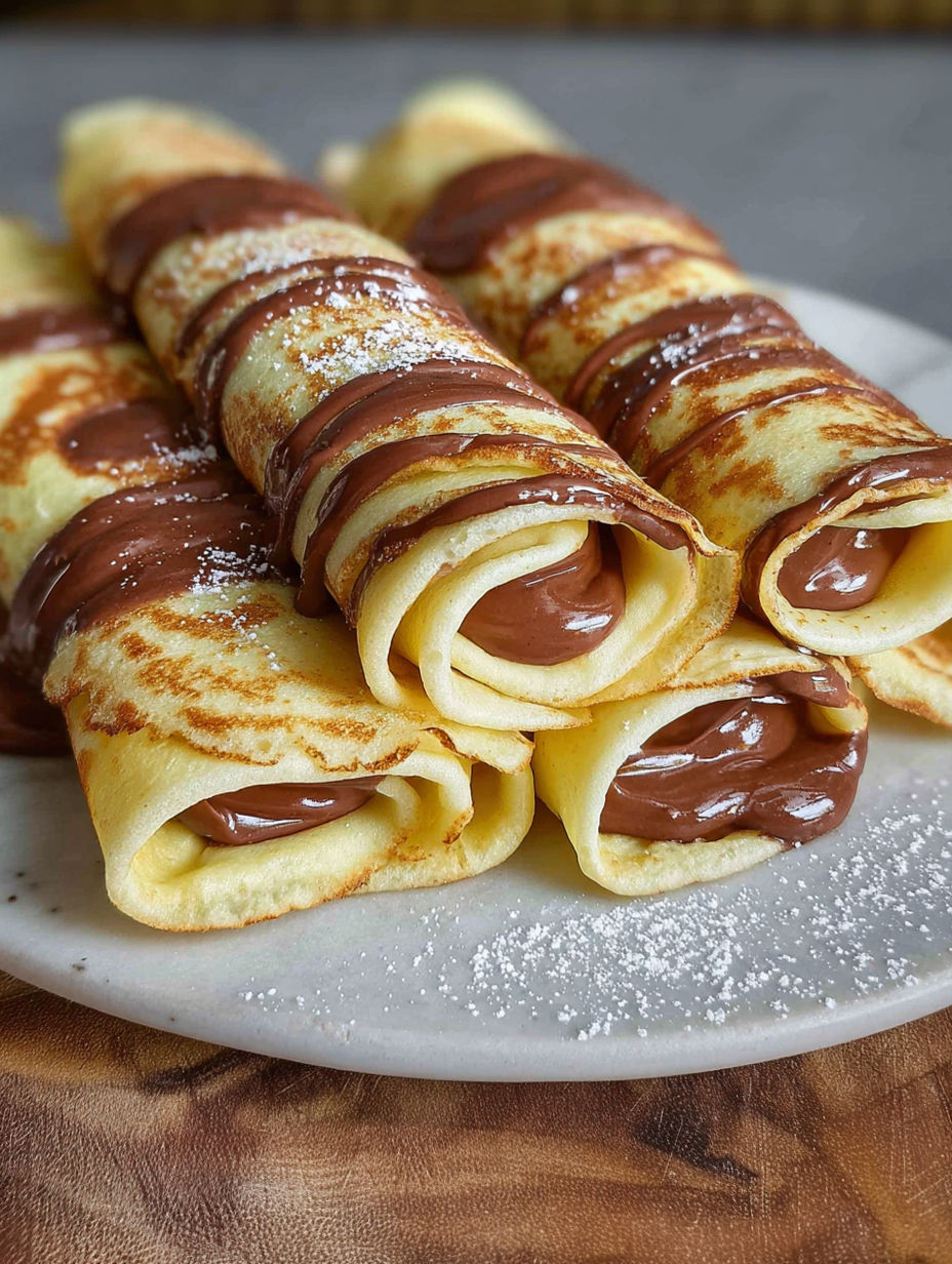 A plate of handmade chocolate-filled rolled crêpes.
