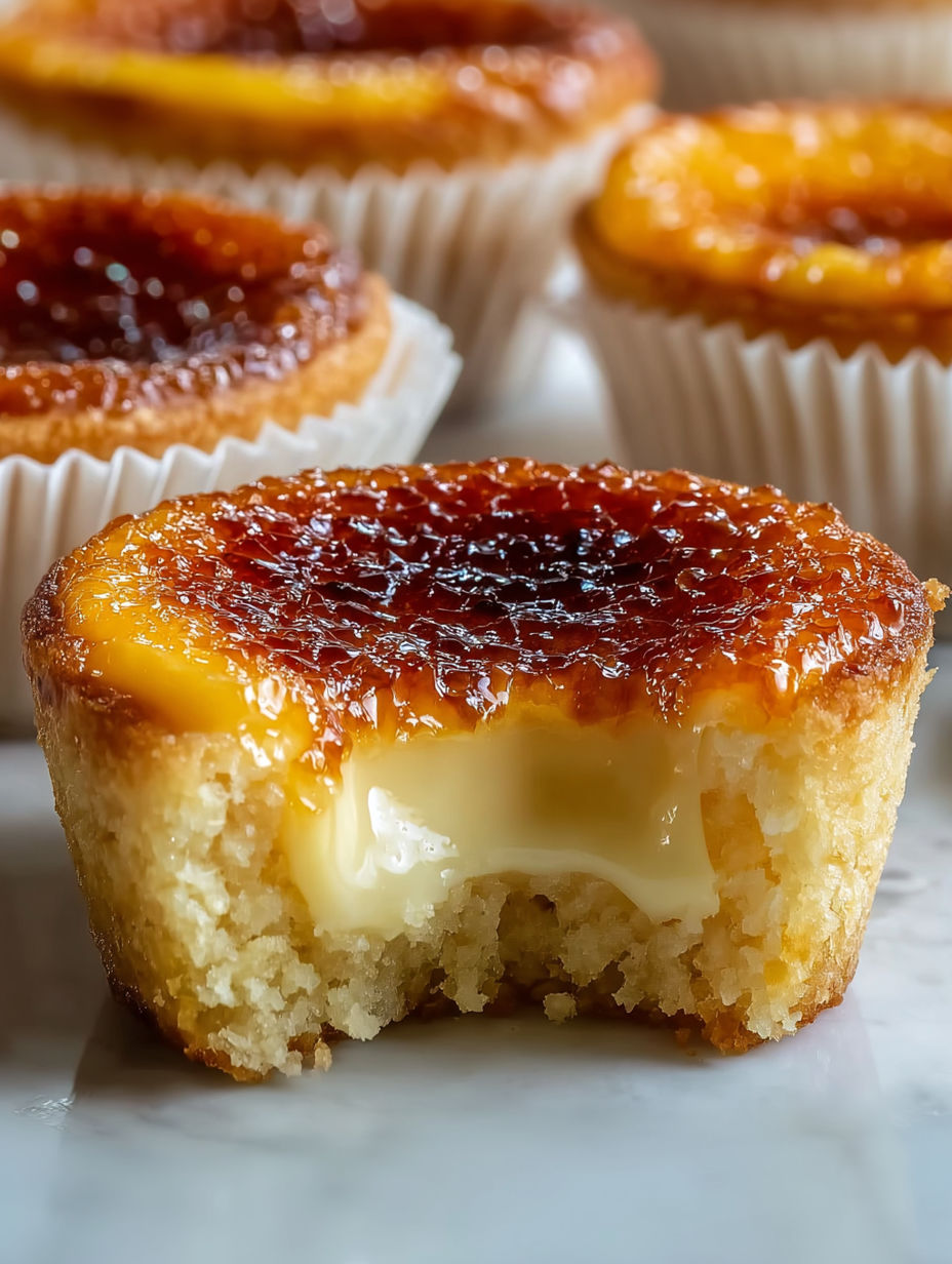 A close up of a vanilla crème brûlée cupcake.