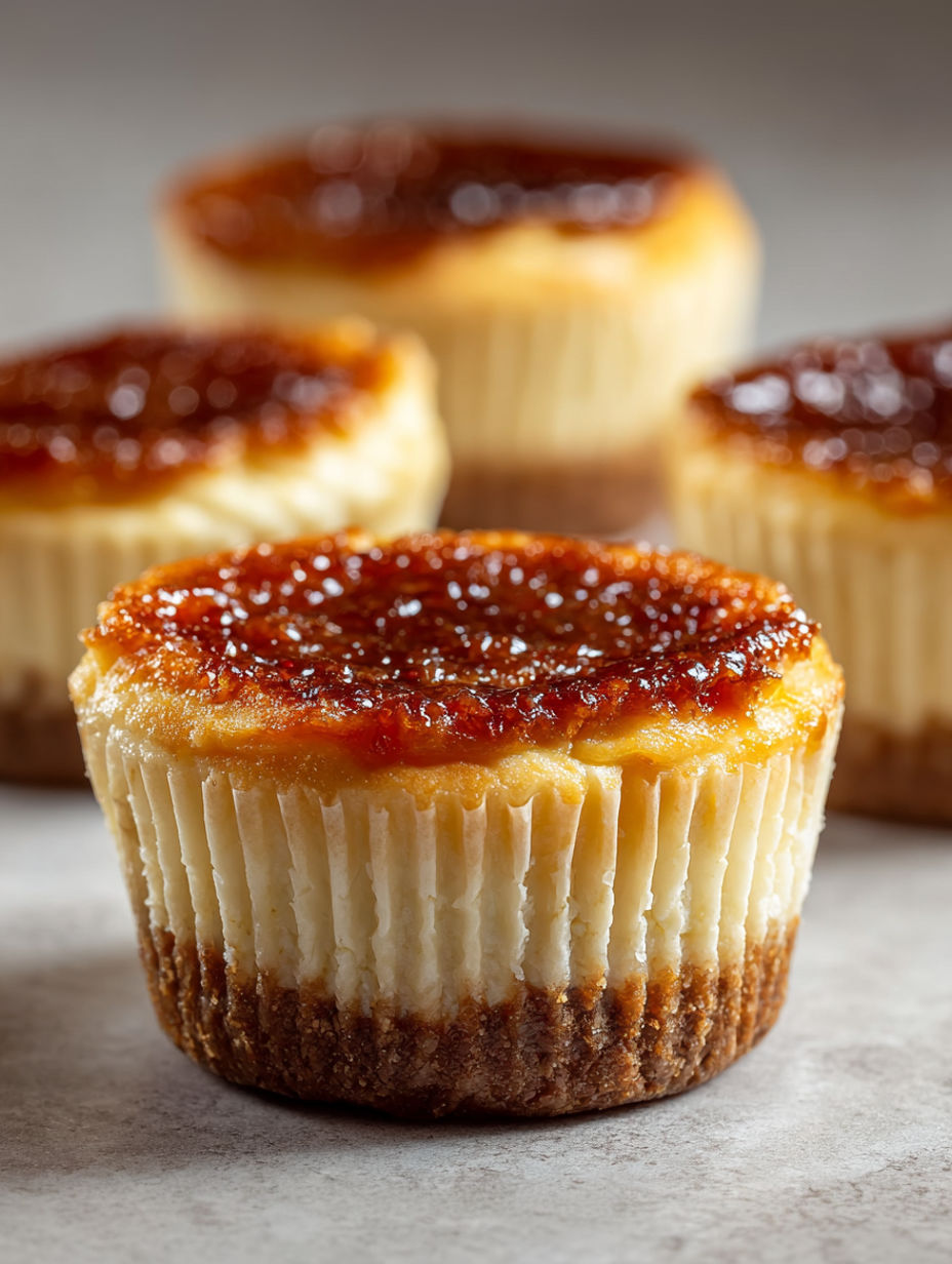A close up of a vanilla crème brûlée cheesecake cupcake.