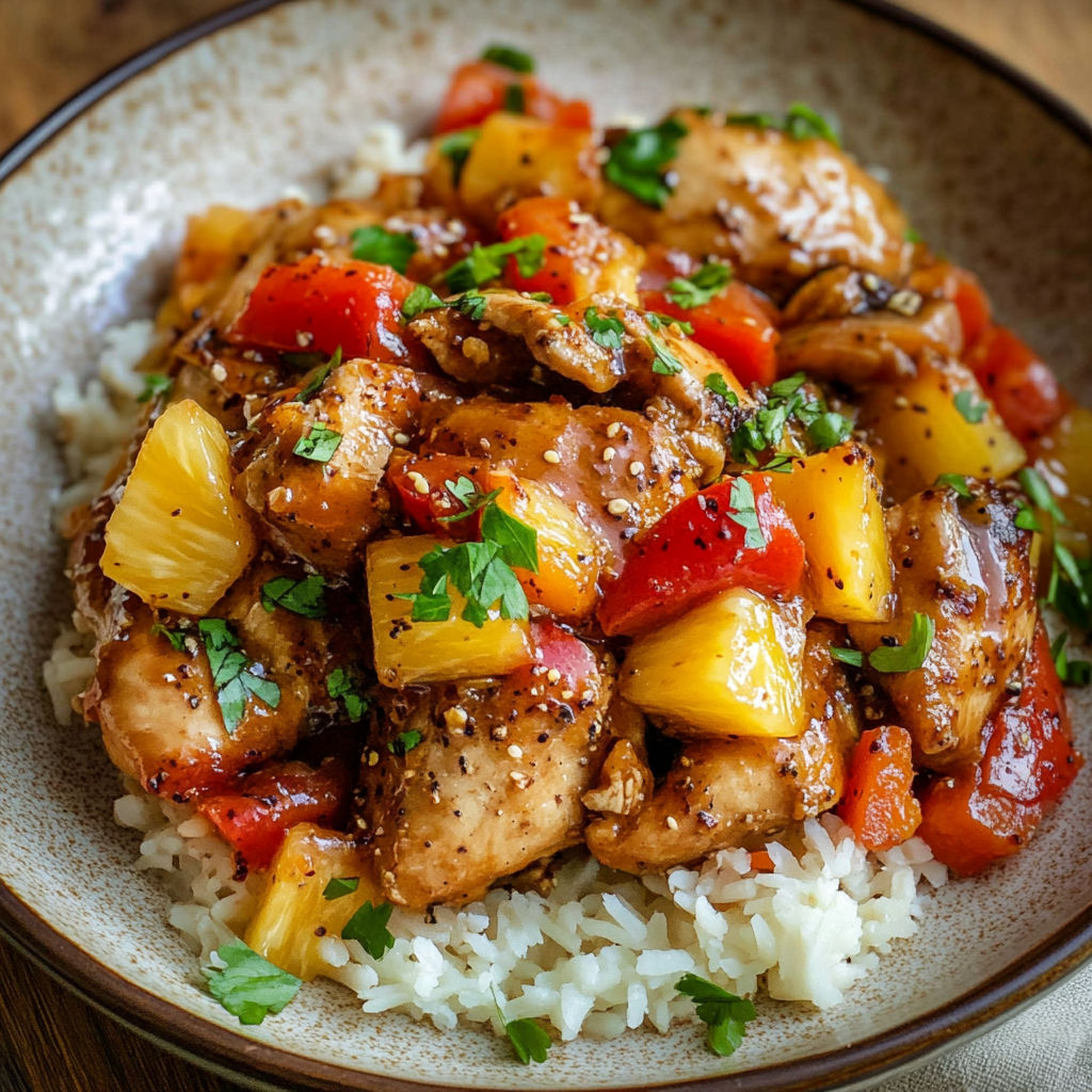 A plate of chicken with rice and vegetables.