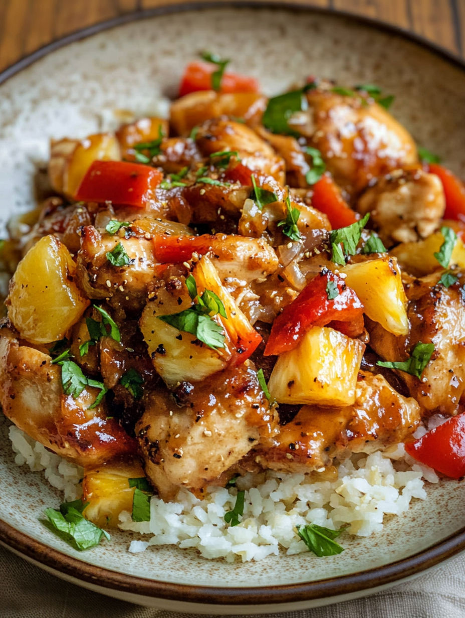 A plate of chicken with rice and peppers.