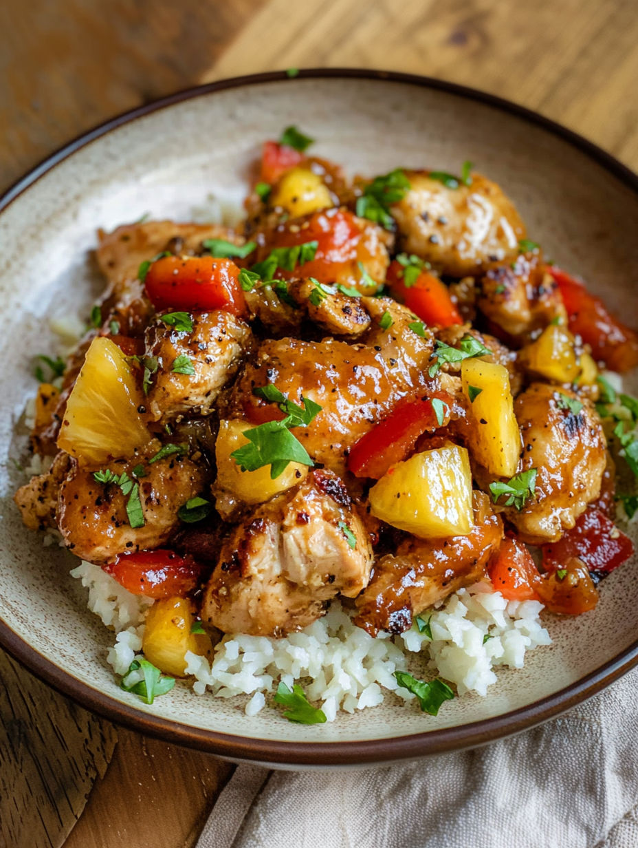A plate of chicken with rice and peppers.