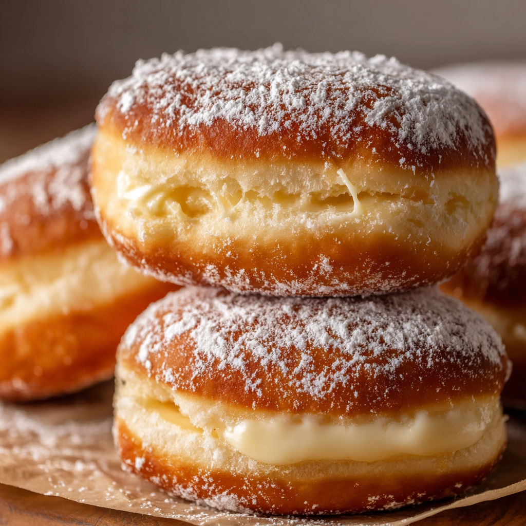 Three vanilla cream donuts with powdered sugar on top.