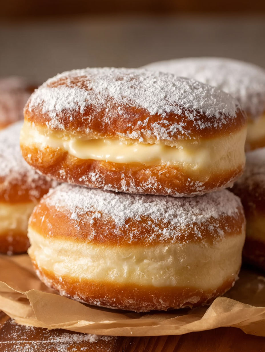 A stack of donuts with powdered sugar.