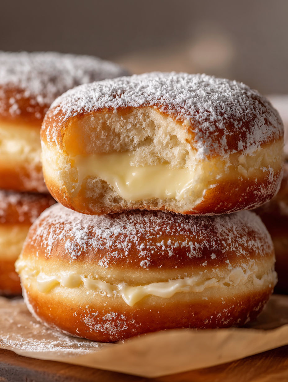 A stack of donuts with powdered sugar on top.