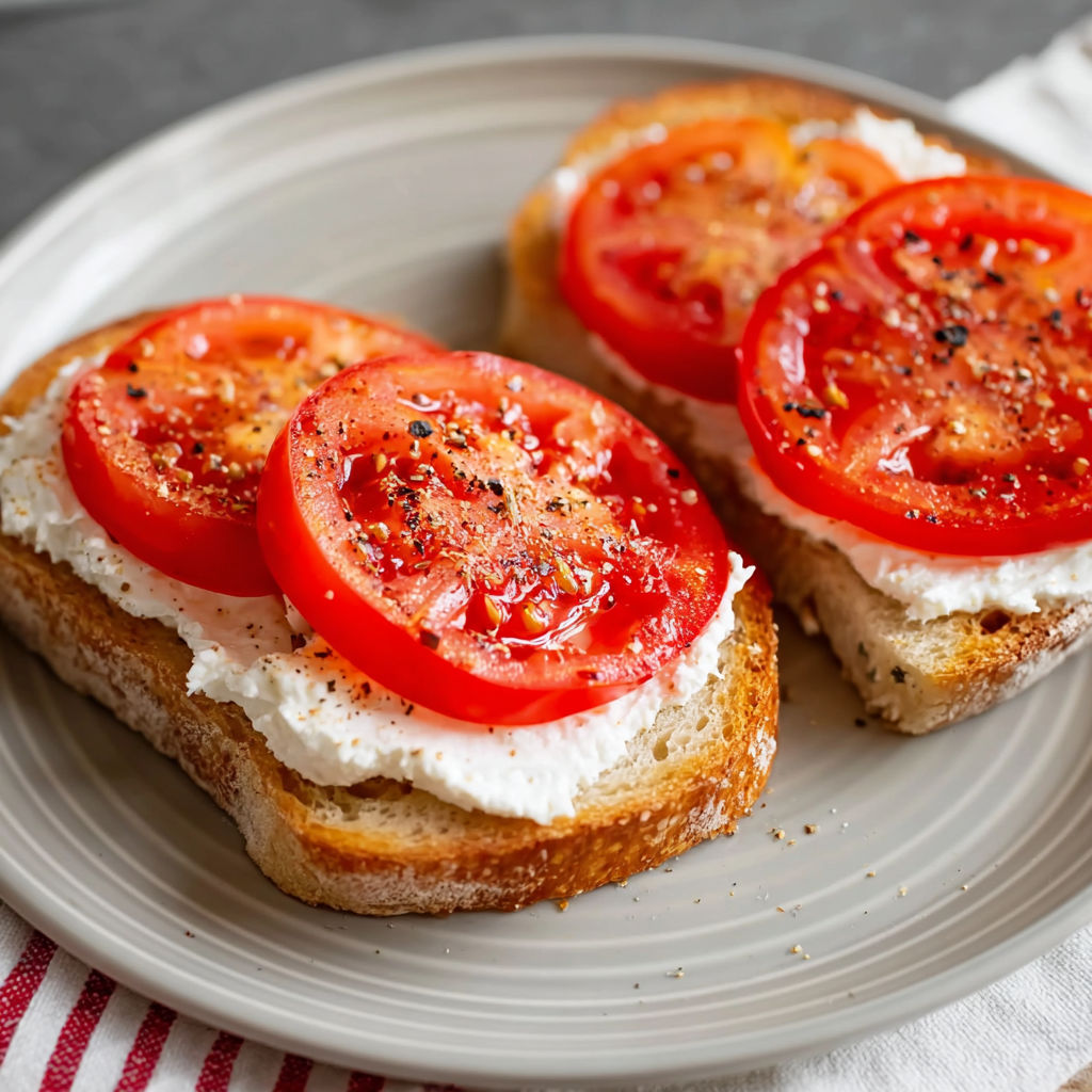 Two slices of bread with tomatoes and ricotta cheese.