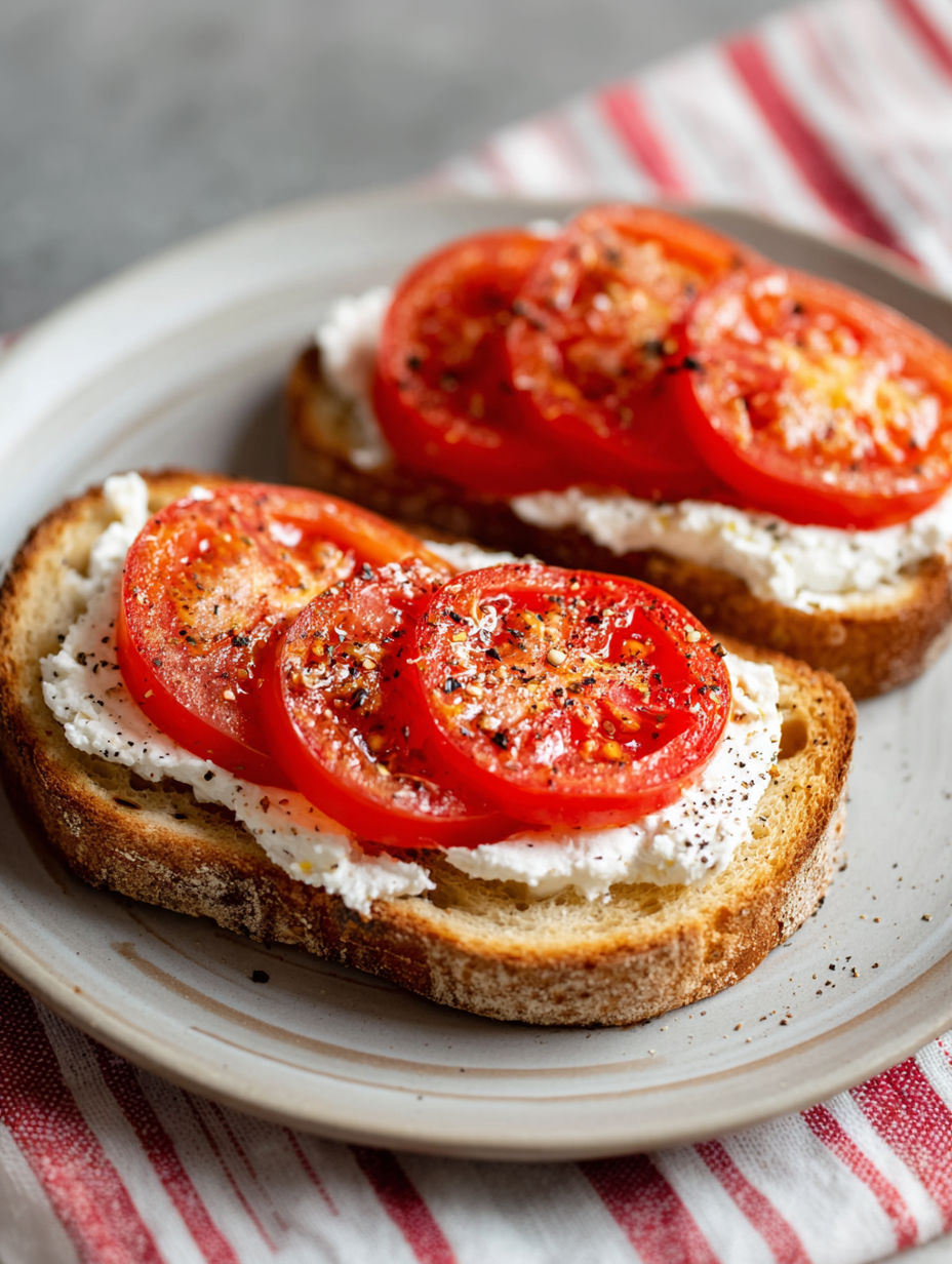 Two pieces of bread with tomatoes and ricotta cheese on top.