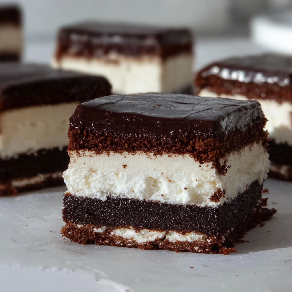 A piece of chocolate cake with white icing.