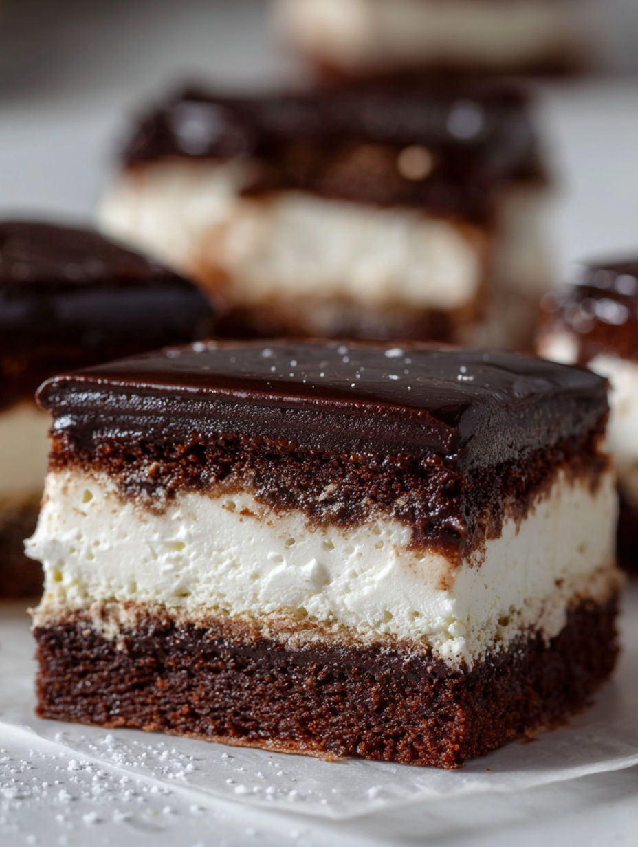 A piece of chocolate cake with white frosting.