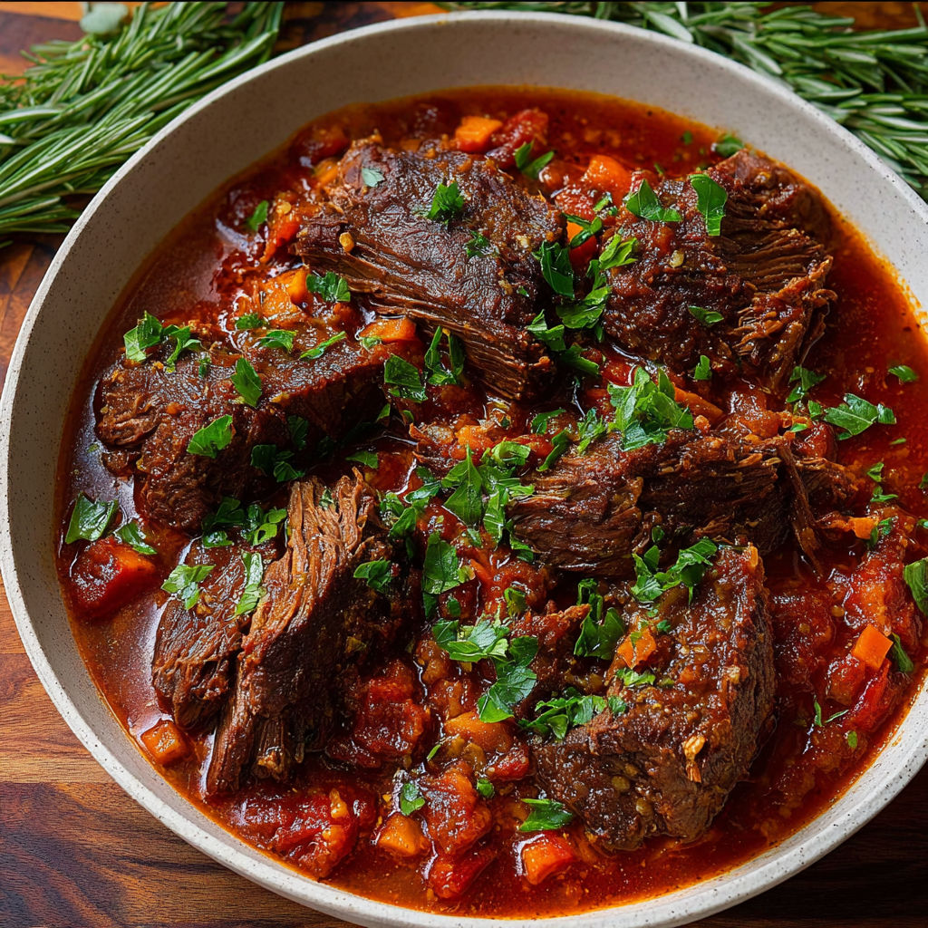 A bowl of beef in a red sauce.