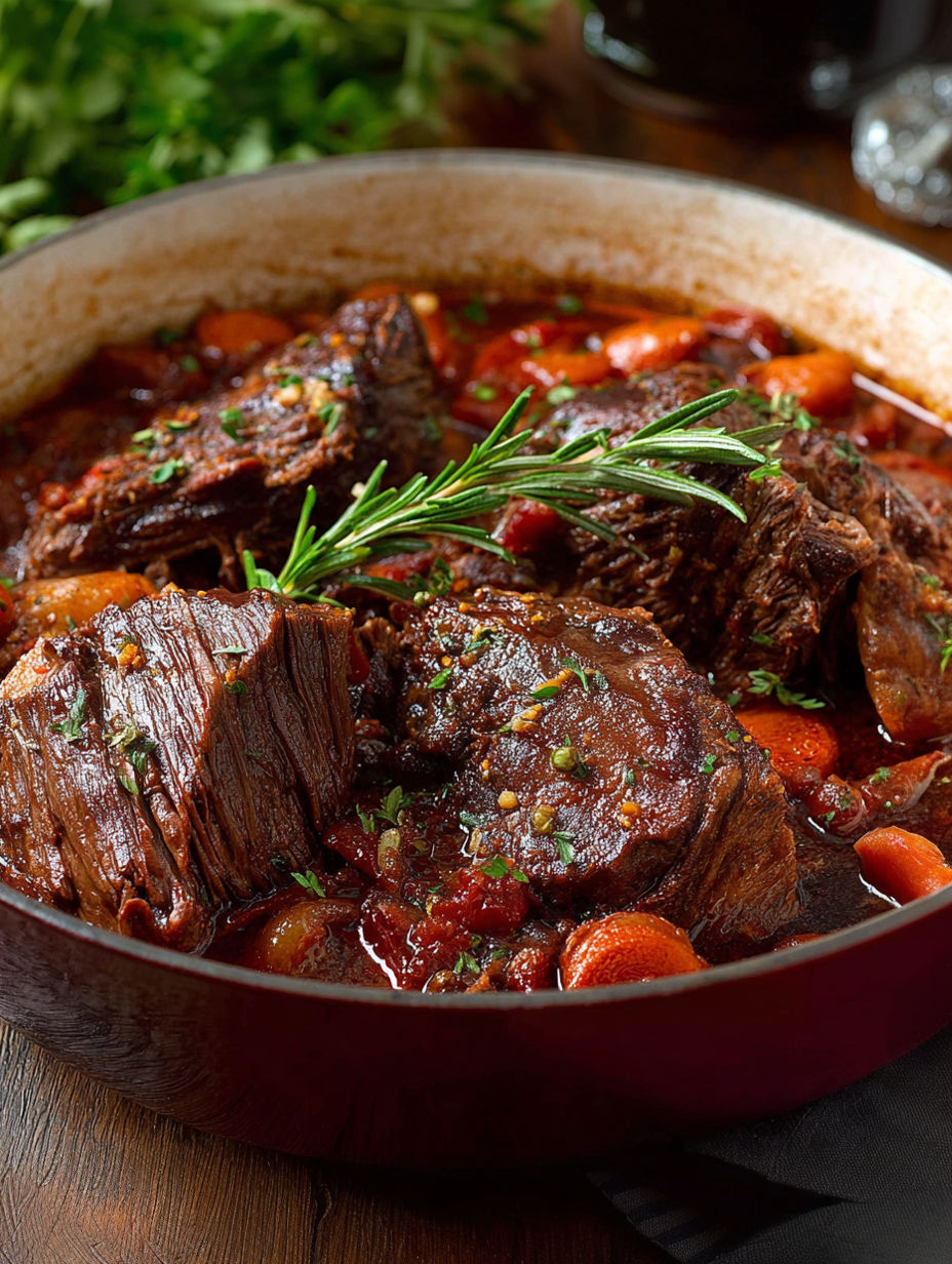 A pot of beef stew with a sprig of rosemary on top.