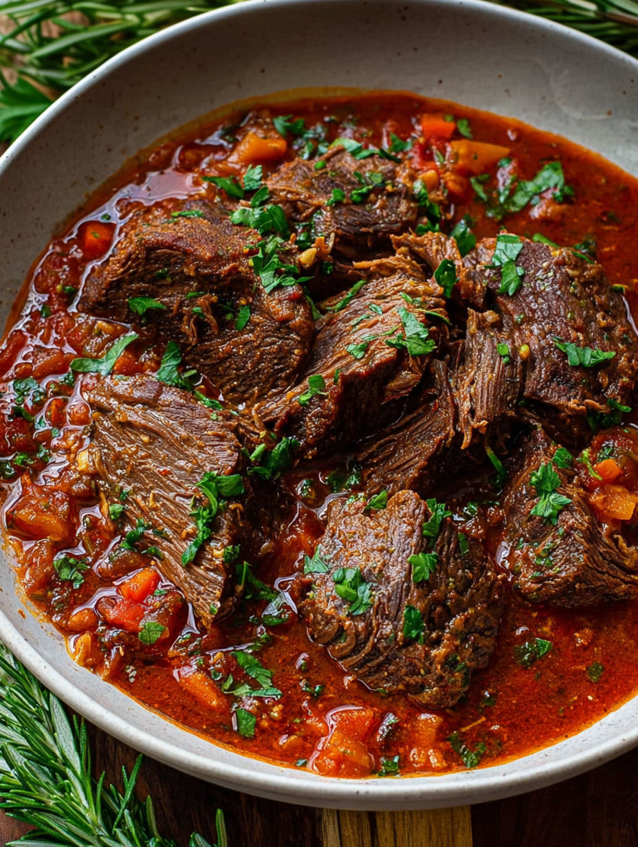 A bowl of beef in a red sauce.