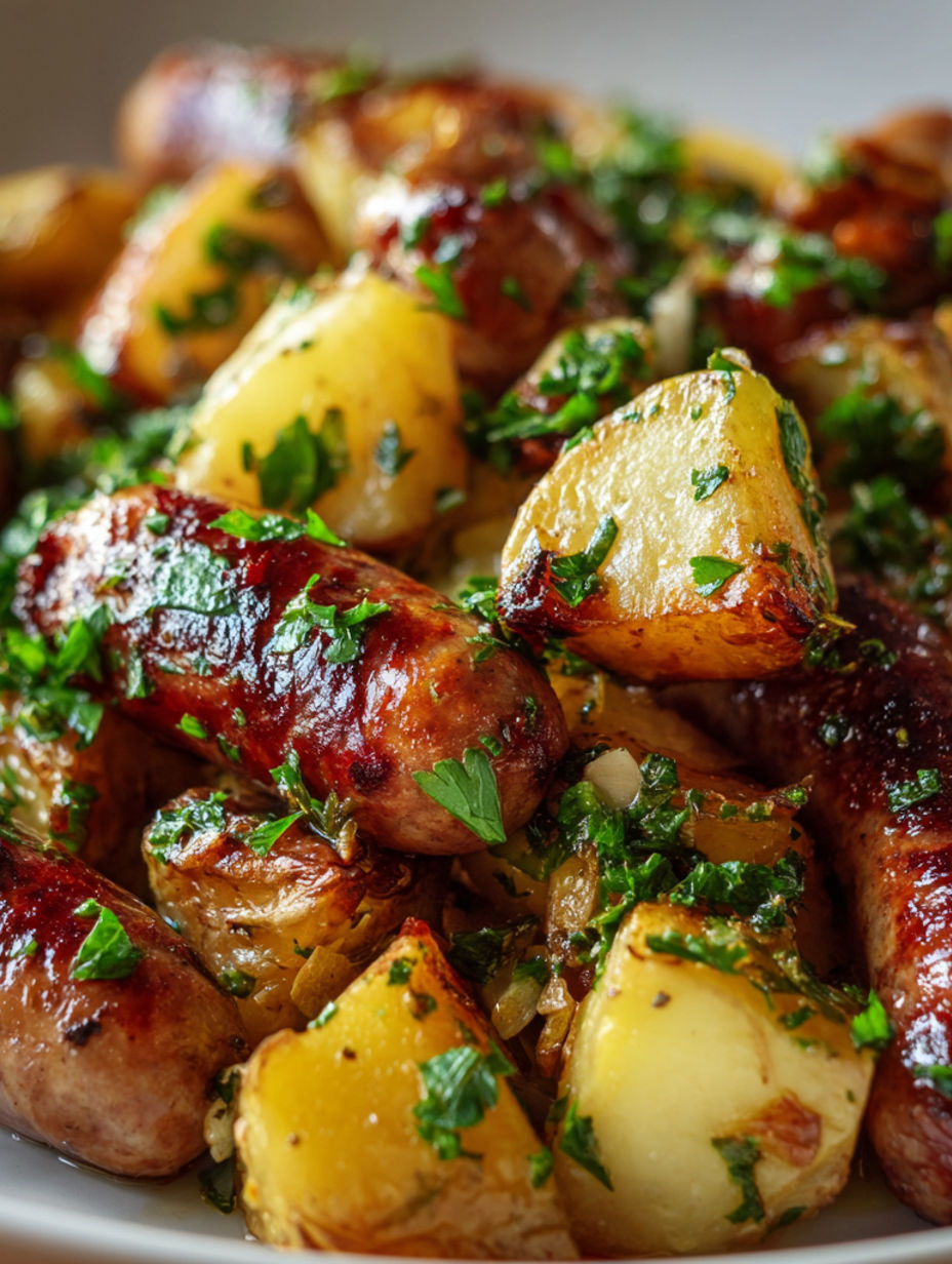Sweet and savory glazed sausage and potatoes.
