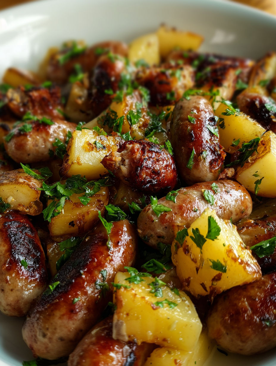 Sweet and savory glazed sausage and potatoes.