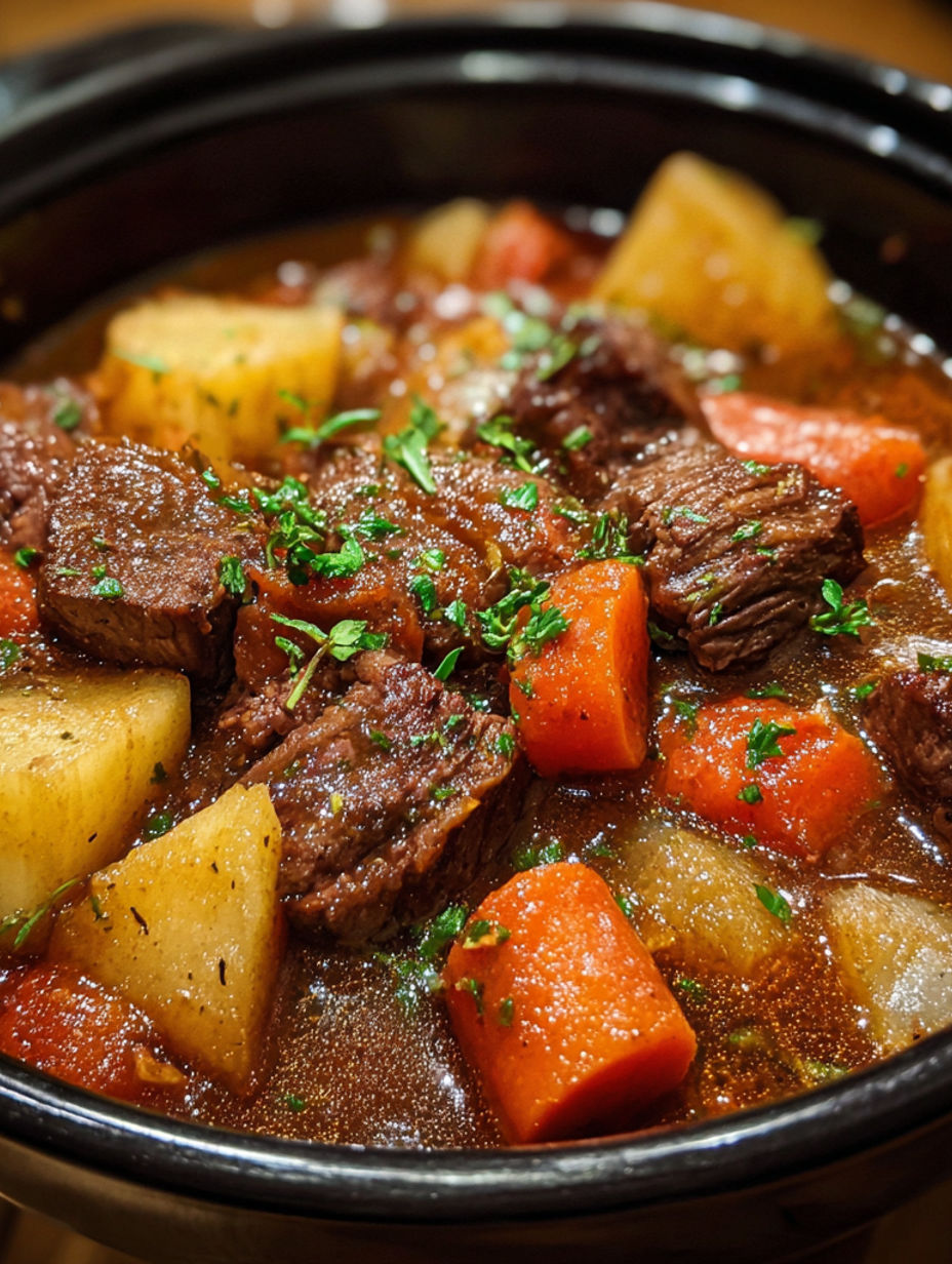 A close up of a slow cooker beef stew.