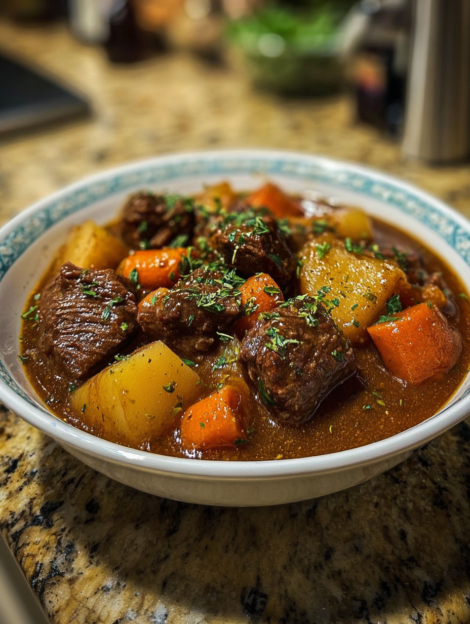A bowl of beef stew with carrots and potatoes.