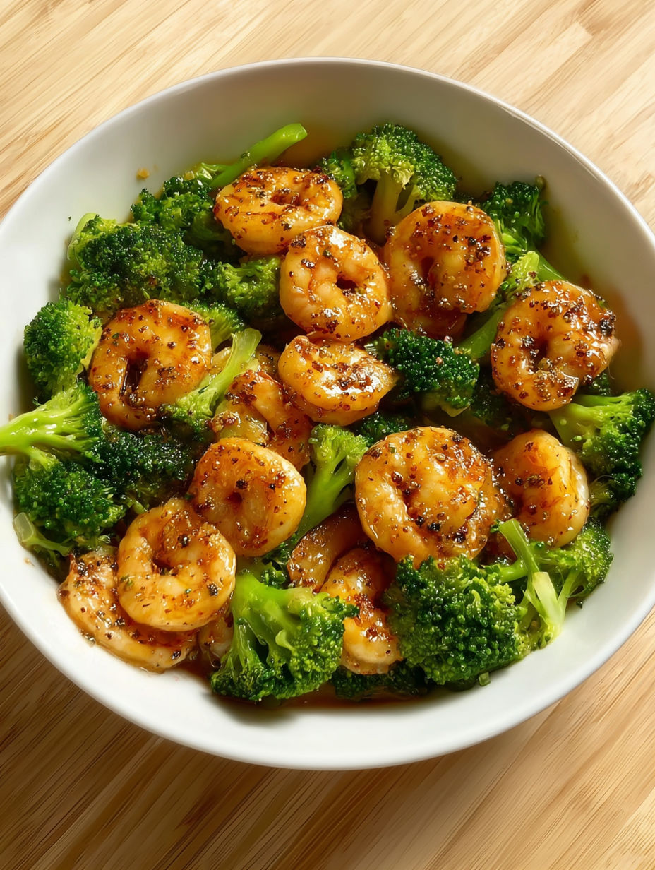 A bowl of shrimp and broccoli.