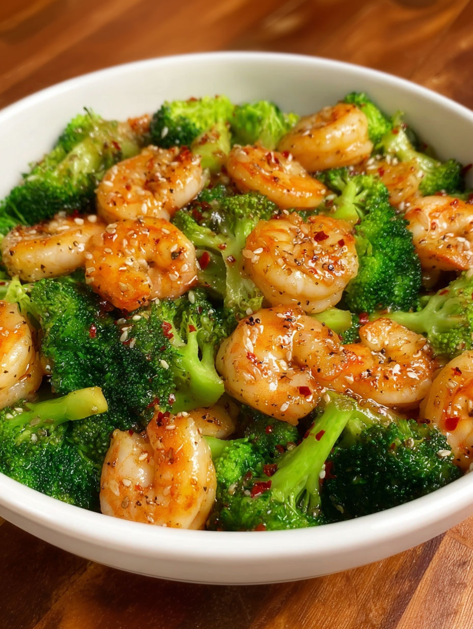 A bowl of shrimp and broccoli.