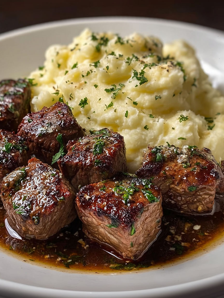 Steak and potatoes with herbs.
