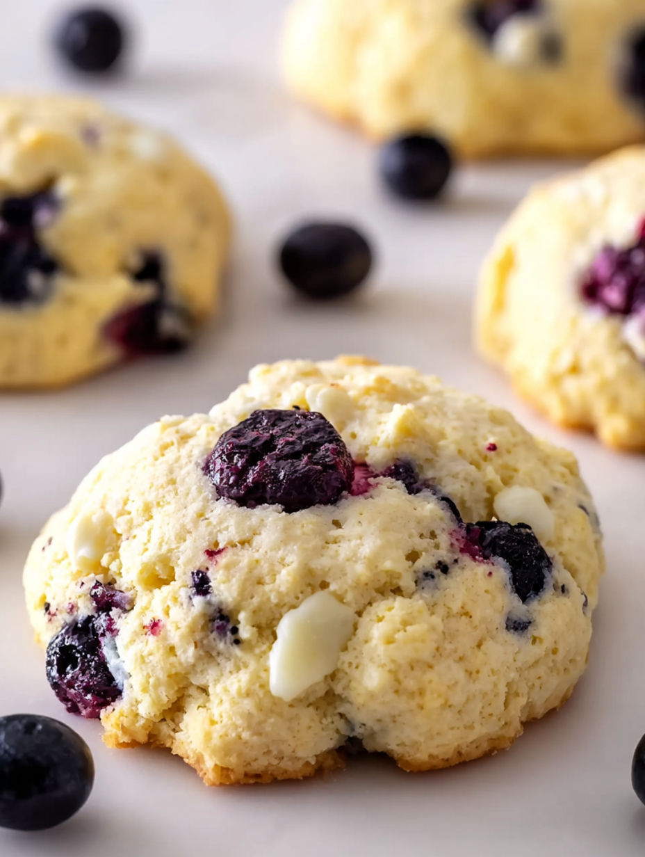 A close up of a blueberry cheesecake cookie.