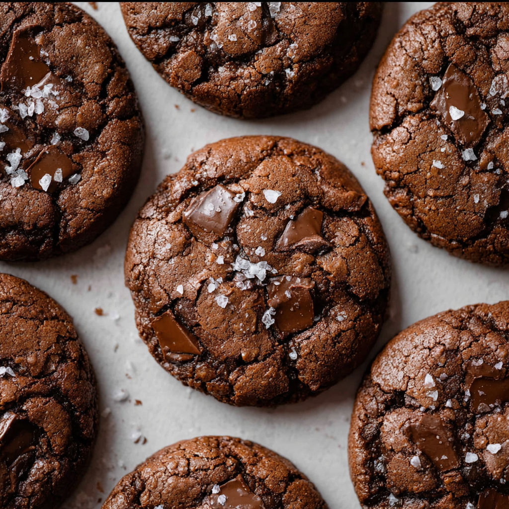 A close up of a fudgy salted brownie cookie.