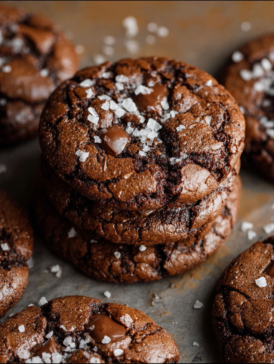A stack of fudgy salted brownie cookies.