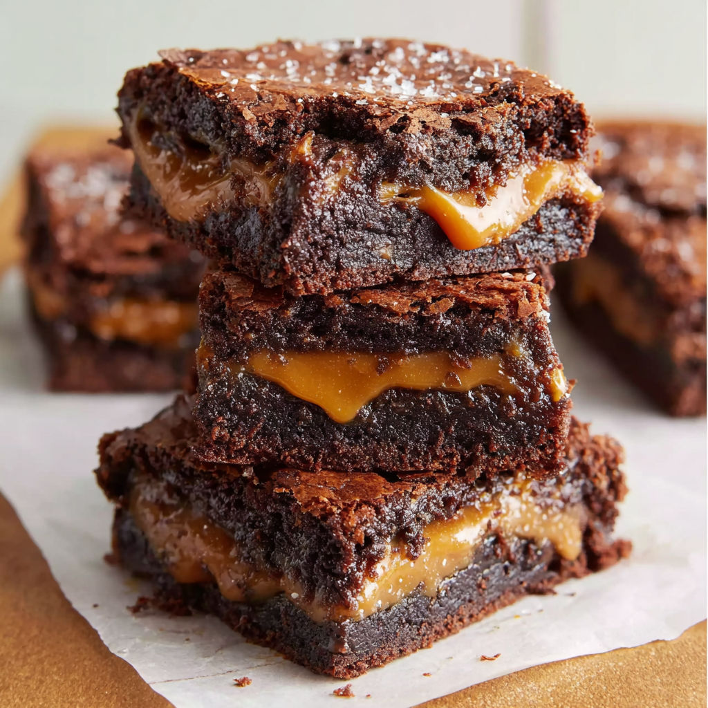 A stack of three brownies with caramel swirls.