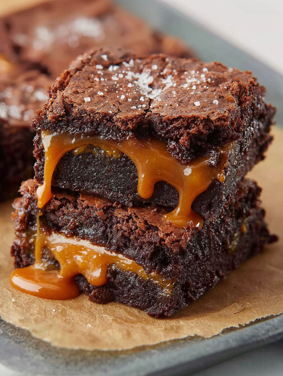 A close up of a delicious salted caramel swirl brownies.