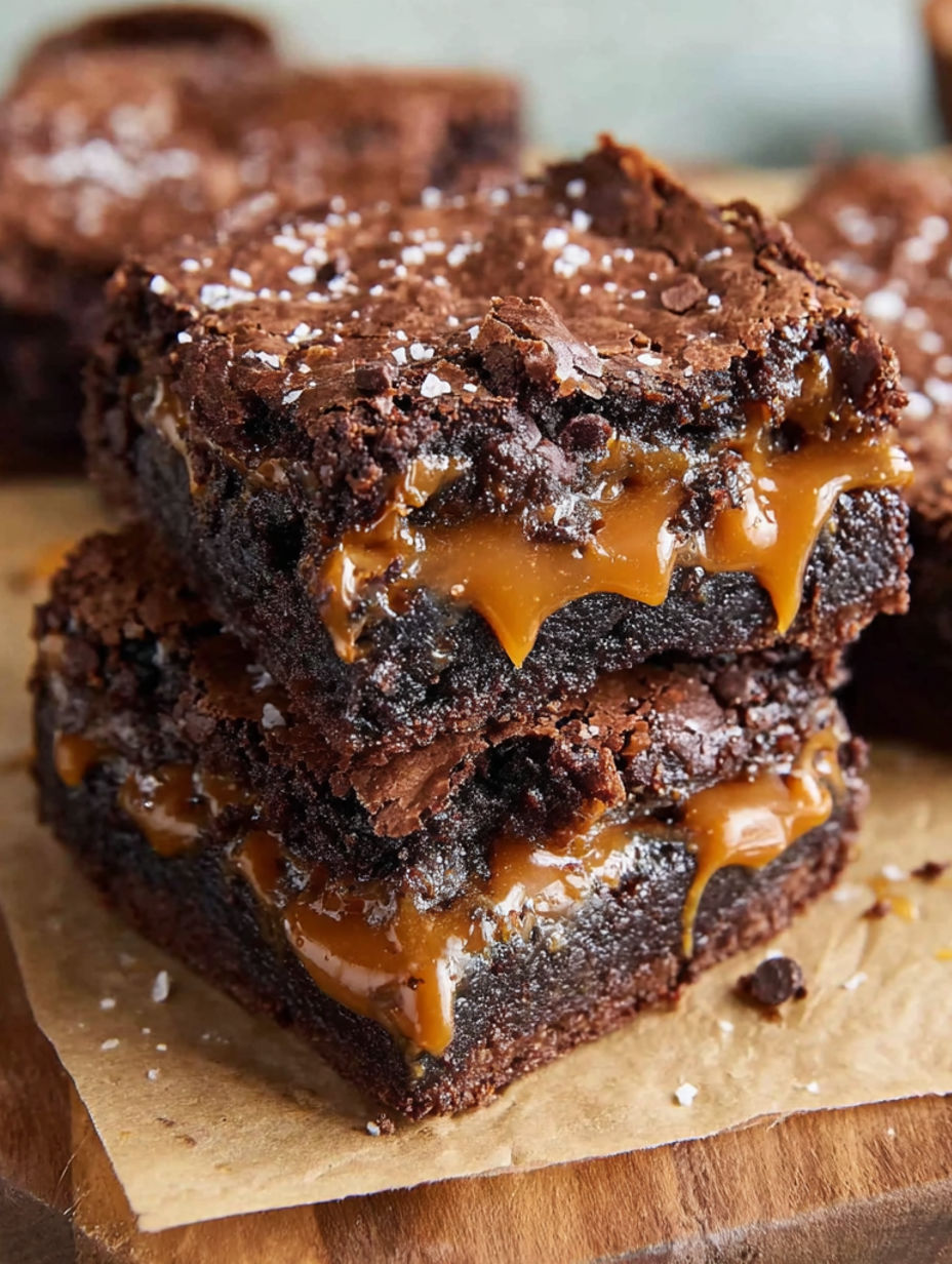 A close up of a delicious salted caramel swirl brownies.