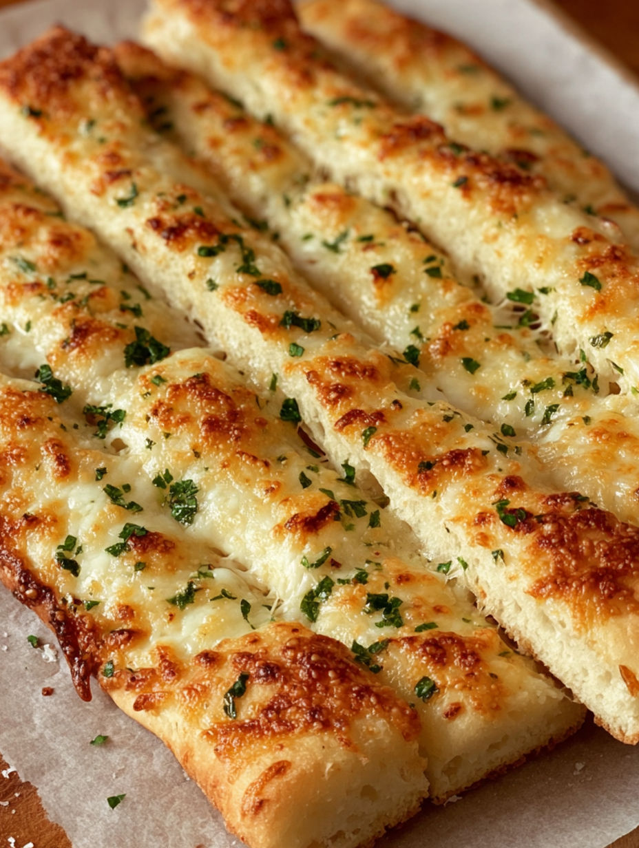 A plate of breadsticks with cheese and herbs.