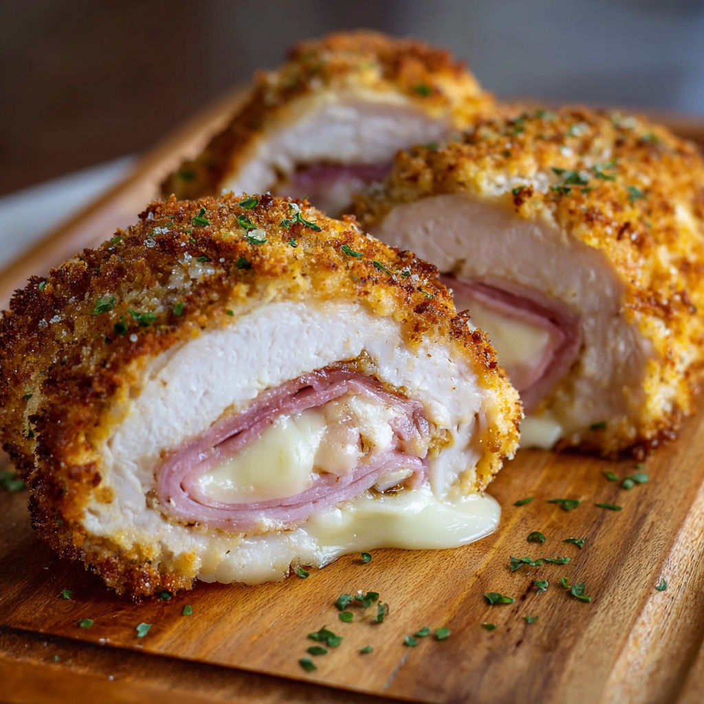 A piece of chicken cordon bleu on a wooden cutting board.