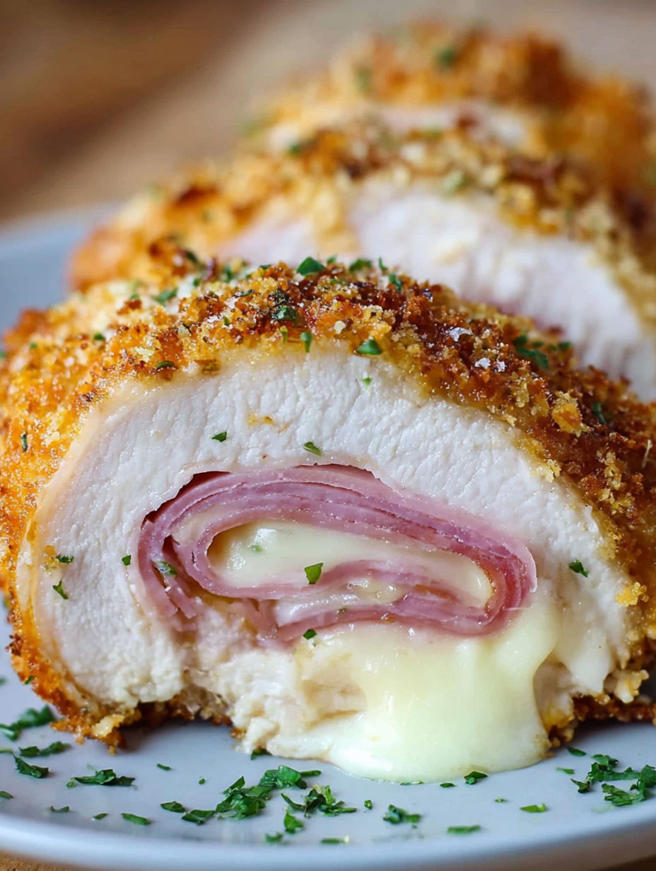 A piece of meat with cheese and ham wrapped around it.