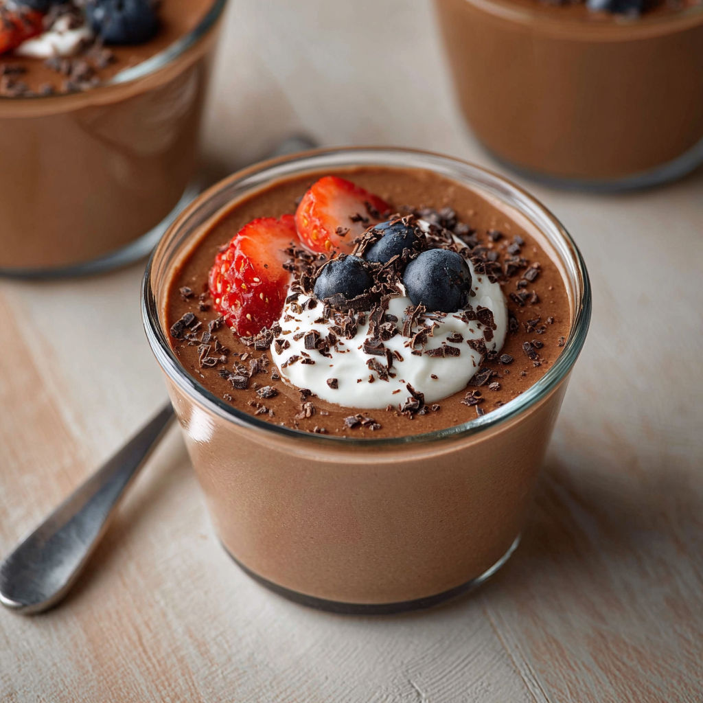 A protein pudding with chocolate, strawberries, and blueberries.