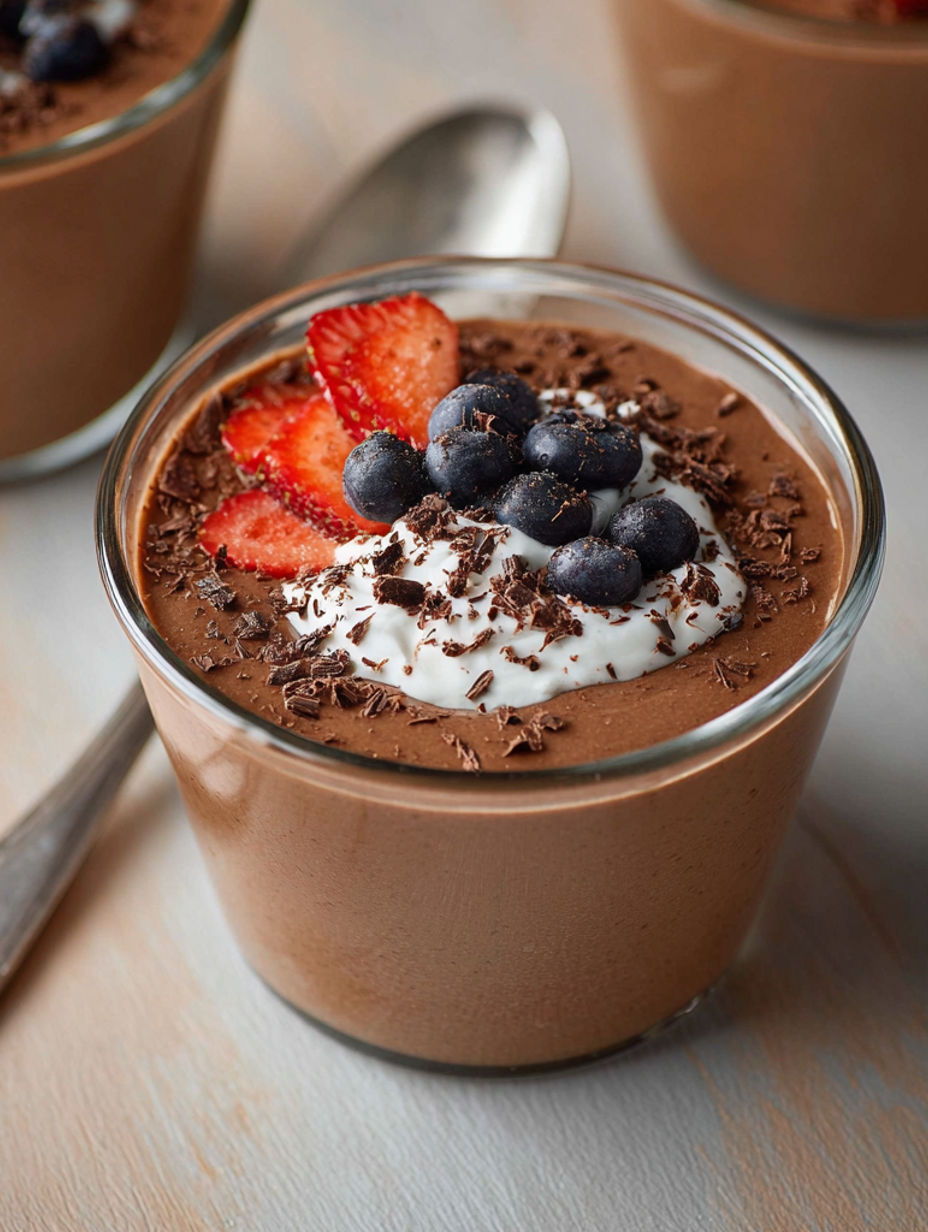 A protein pudding with strawberries and blueberries.